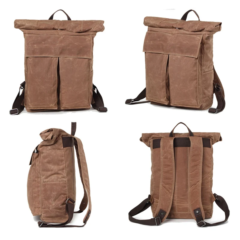 Custom korean style cheap waxed canvas genuine leather brown waterproof most durable teen school backpack