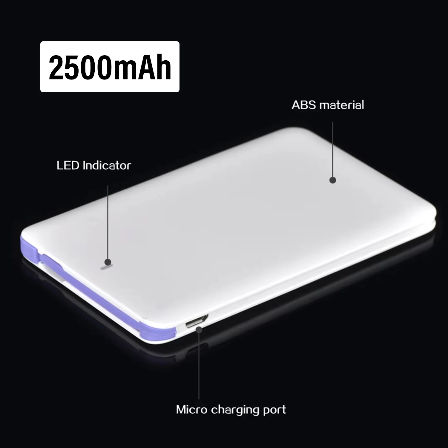 2500mAh Small Portable Phone Charger Built in Cable Lightweight Power Bank Fast Charging External Battery Pack Slim Backup