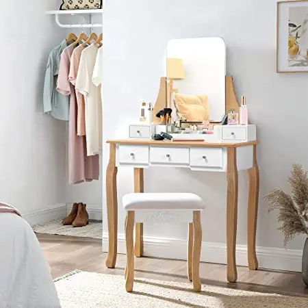 Vanity Set Makeup Dressing Table with Round Mirror 2 Large Drawers with Sliding Rails Cushioned Stool White