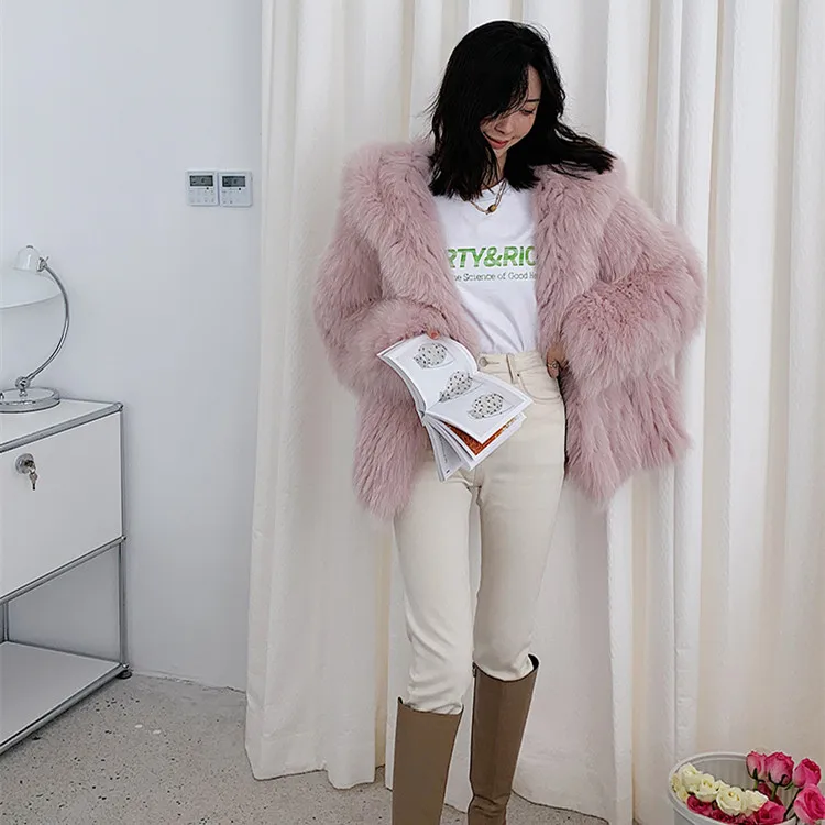 New Elegant fox fur coat Pink with hood coat winter real fox fur coat fluffy jackets women Factory wholesale custom spot