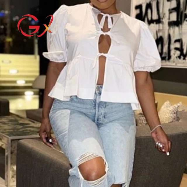 GX3835 Fashion 2024 summer O-neck tops printed street wear short sleeve cardigan lace-up blouse women casual unique T-shirt