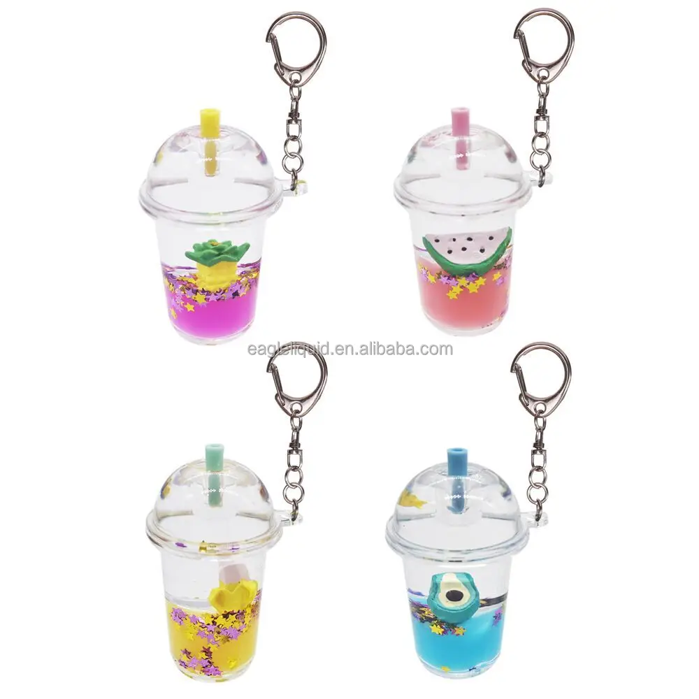 ins summer hot fruit doll drink milk tea into oil keychain quicksand pendant floating bottle wholesale acrylic keychain