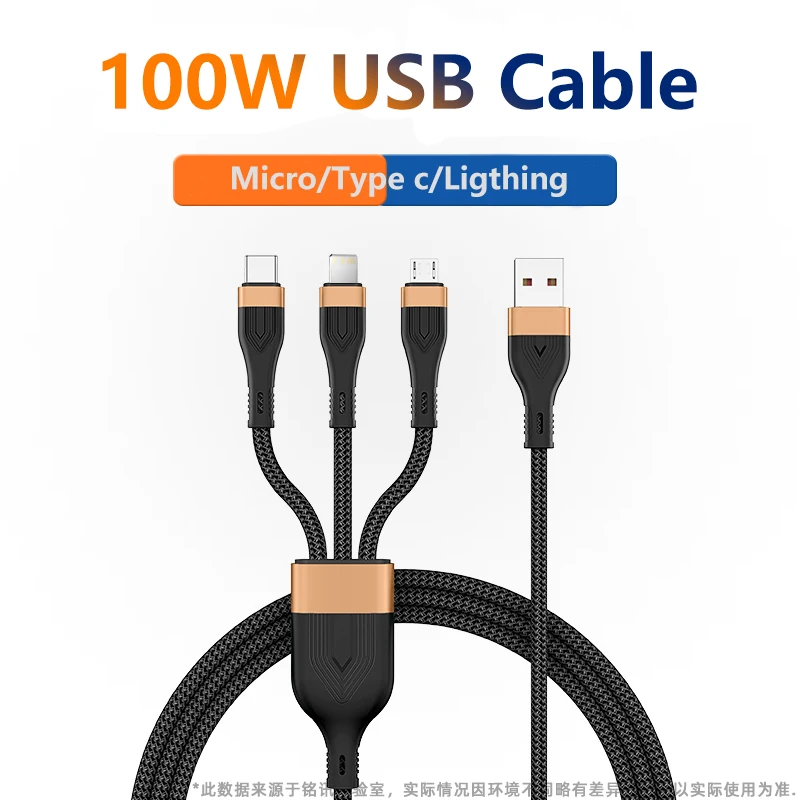 Free Sample 3 in 1 usb cable 100W  A to C   Cable Data Transmission For Mobile Phone