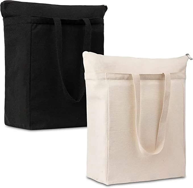 Large Reusable Blank Canvas Grocery Shopping Tote Bags with Pocket and Zipper
