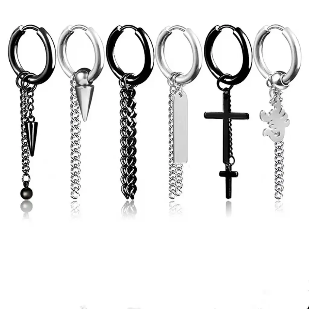 Retro Fashion Titanium Steel Earrings Long Tassel Chain Personalized Earrings Cross Hoop Earrings