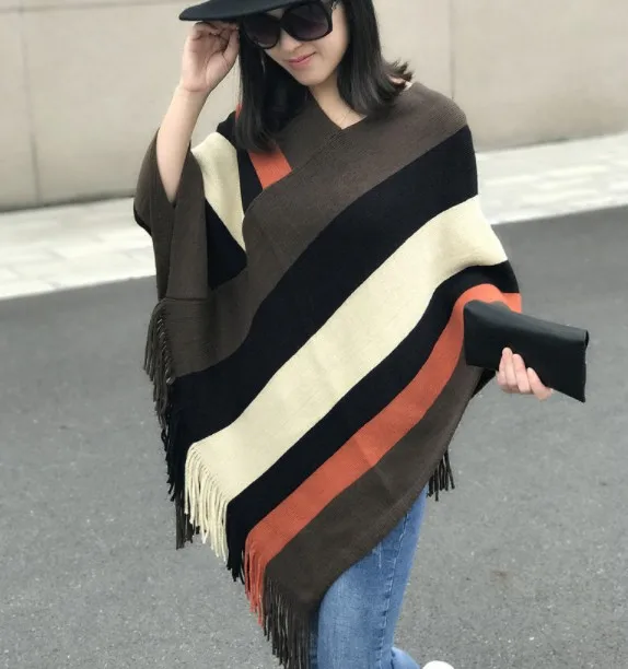 Winter thick acrylic poncho women stripes knit blanket poncho