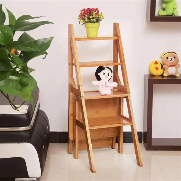 3 in 1 Wood Bamboo Folding Standing Multi-Function Ladder Plant Shelf Rack Step Stool Chair Multi-functional 4 step ladder chair