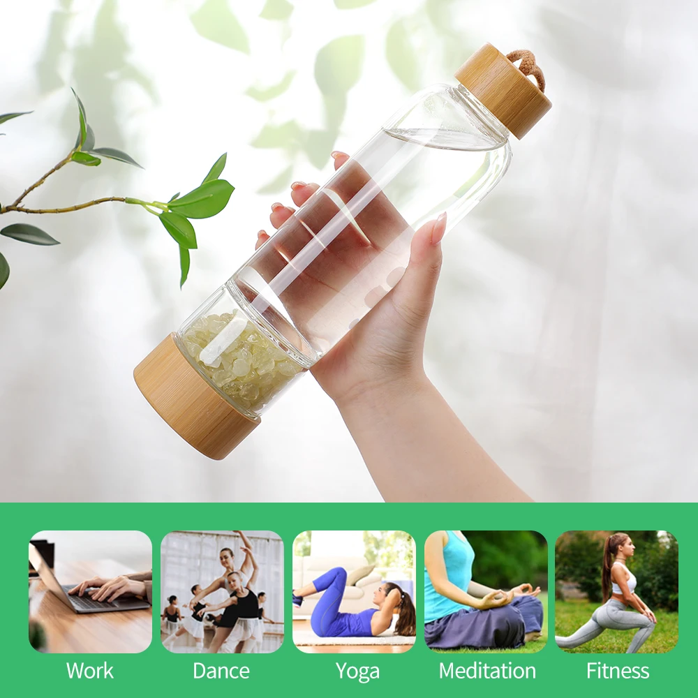 Natural Crystal Infused Glass Water Bottle Bamboo Lid Gemstone Water Bottle with crystal inside