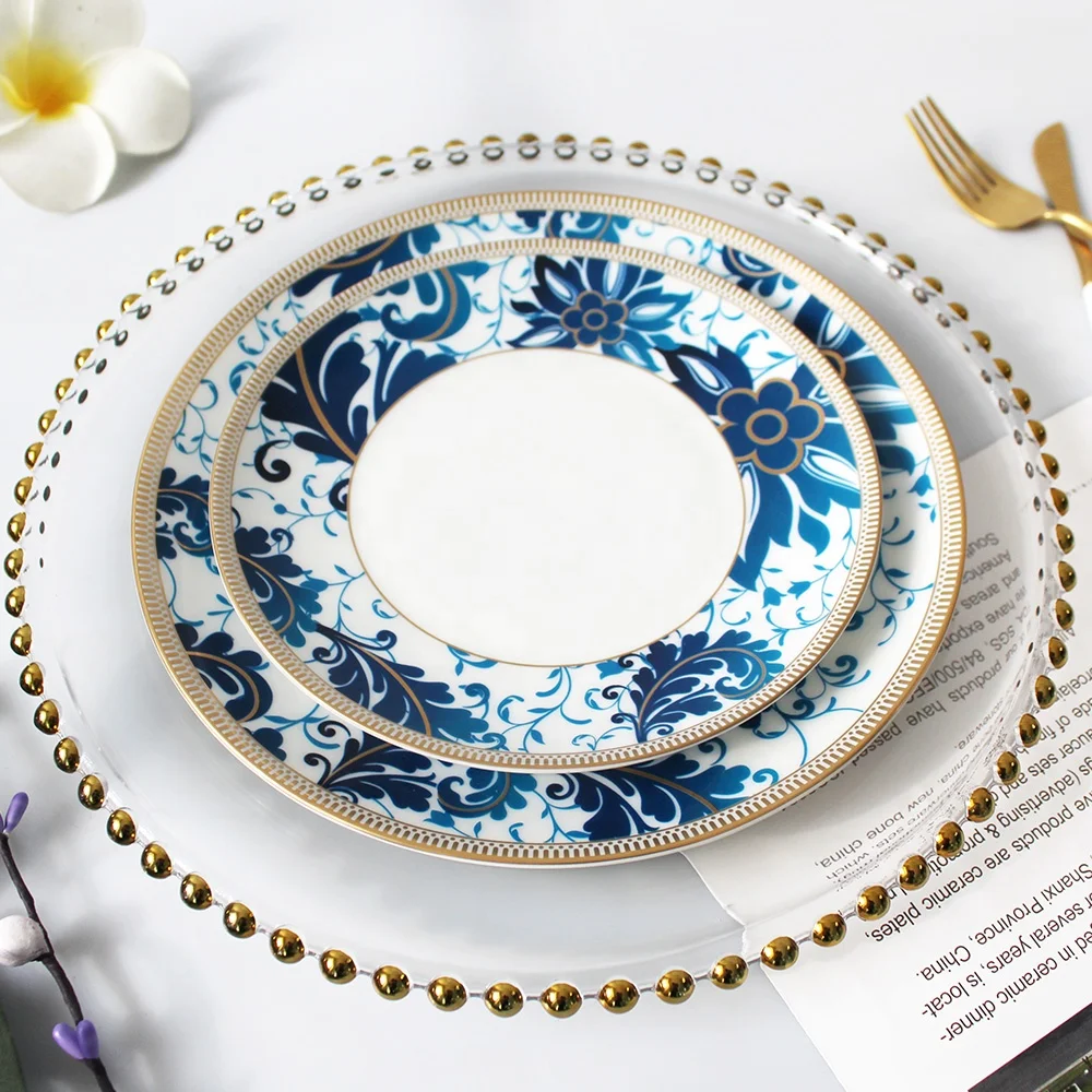 New Design luxury ceramic dinnerware wedding dinner sets bone China plate set blue flower porcelain dinner set