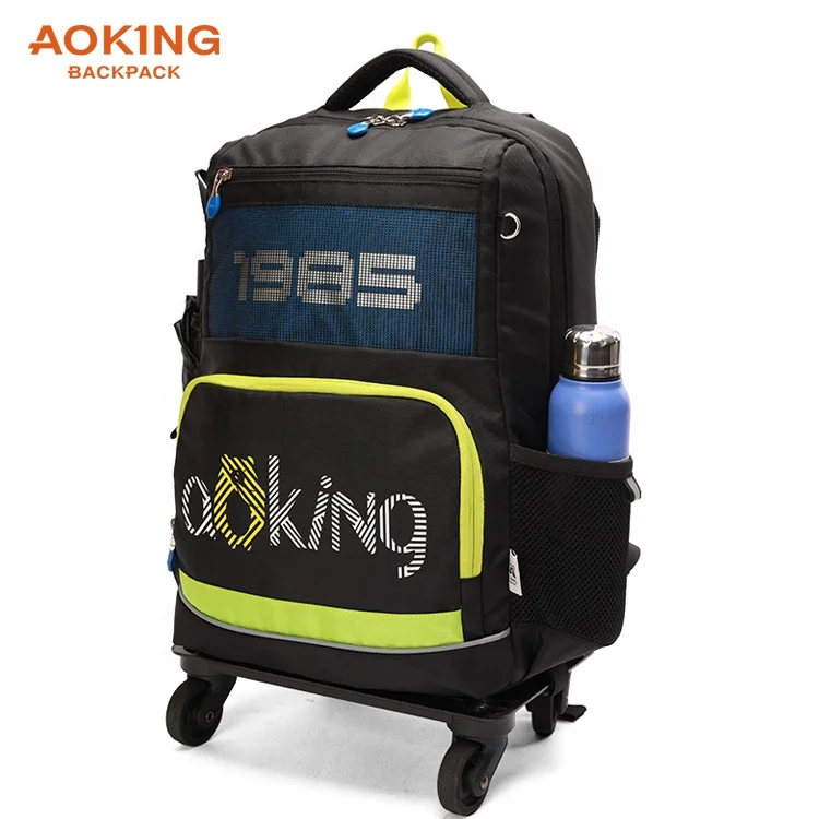 Six wheel design unisex wear resistance primary student kids travel trolley wheeled backpack with reflective stripe