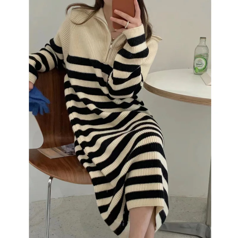 Striped Midi Length Pullover Dress Casual Women Long Sleeve Zipper Knitted Dress