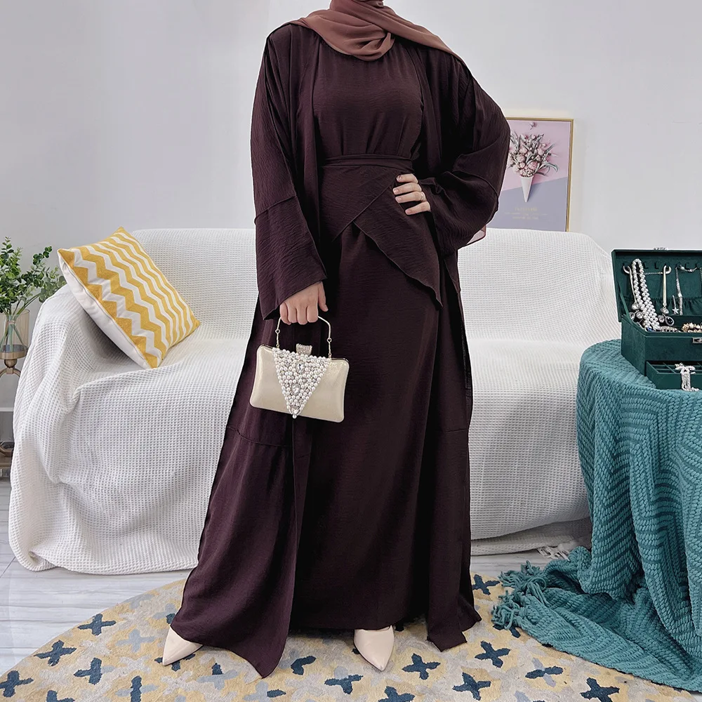 2022 Hot Selling Islamic Clothing Dubai Turkey Wrinkle Polyester 3pcs Set For Muslim Women Simple Abaya Set