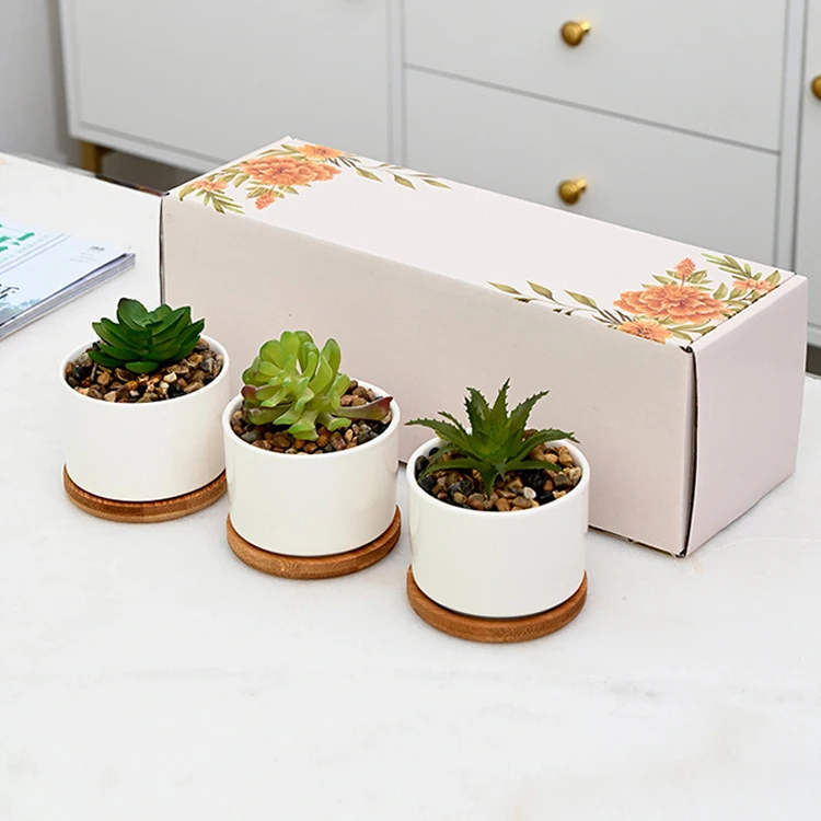 Custom logo Flower pot set Ceramic succulent pot with bamboo holder Beautiful holiday gift Garden pot