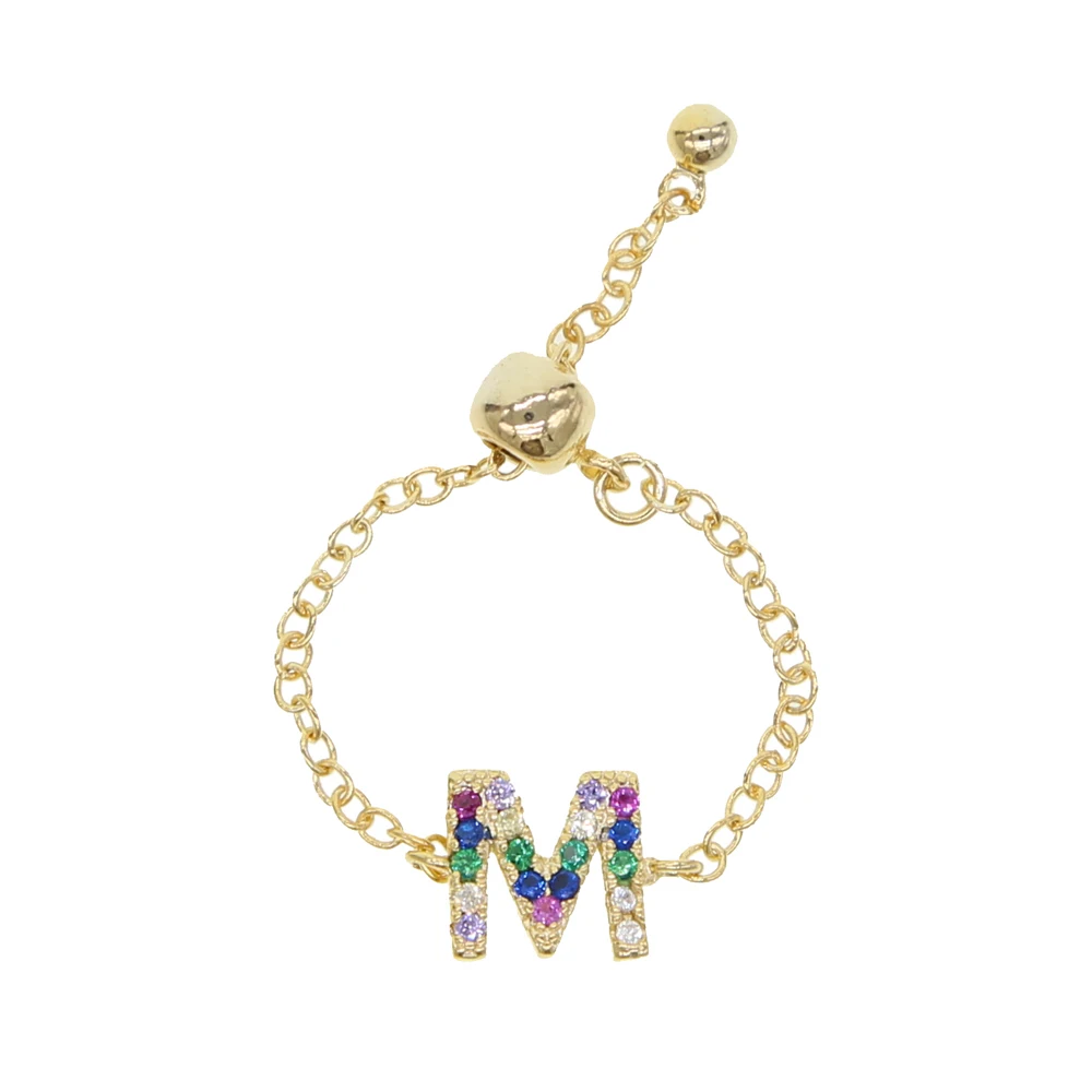 Tiny Chain New Design Chain Alphabet Rings A-Z Initial Name Ring Charm Jewelry New Adjust Ring For Girl Women Rainbow Jewelry