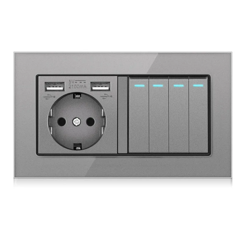 German crystal tempered glass panel USB wall socket outlet and 4-way fluorescent switch