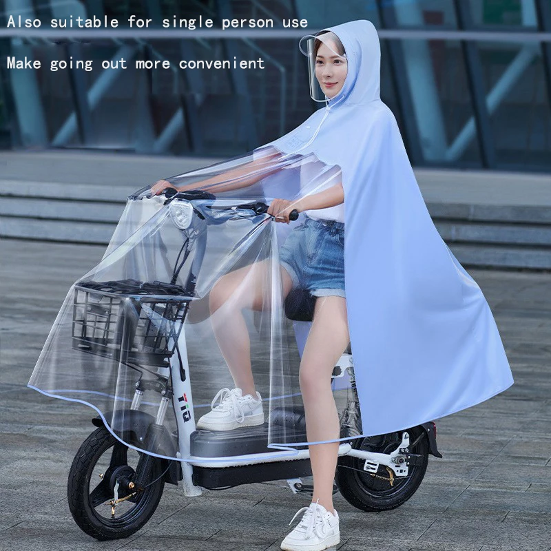 Mother and son two person electric bike raincoat, motorcycle electric scooter rain cape, rider in summer, transparent double