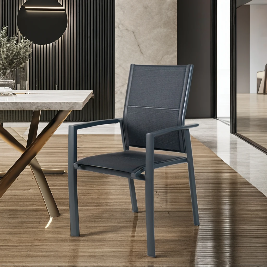 Indoor/Outdoor Dining Chair with Steel Armrest Stackable Textliene Fabric Chairs Design for Gardens