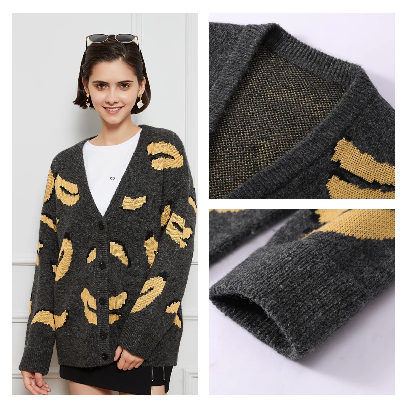 7GG 62% Acrylic 26% Polyester 9% Wool 3% Spandex Dark Gray Loose Long Sleeve Causal Cardigans Sweater Women