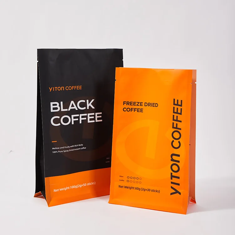 Custom Printed Heat Seal Eight Side Sealing Flat Bottom Coffee Bean Aluminum Foil Coffee Packaging Bags With Valve