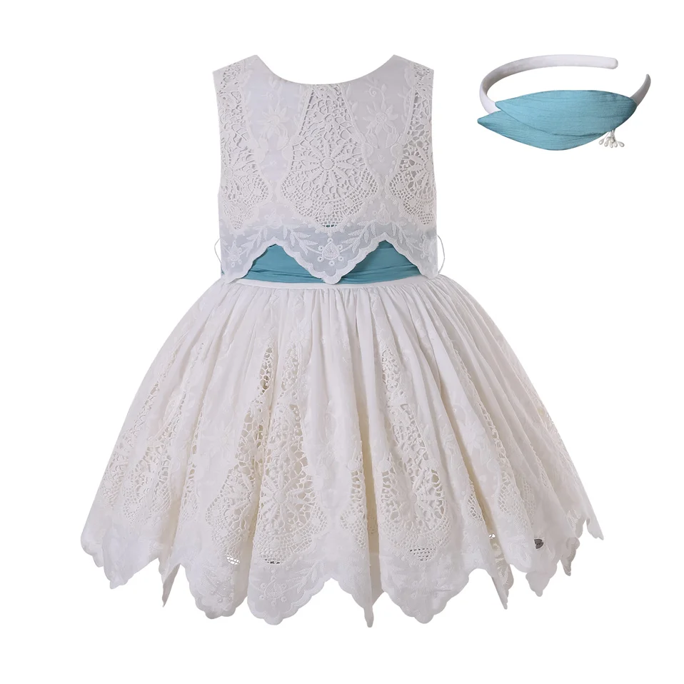 Pettigirl Wholesale Spanish White Lace Children Dresses for Girls Clothing Age 2 to 12Y 1BAG=1PCS