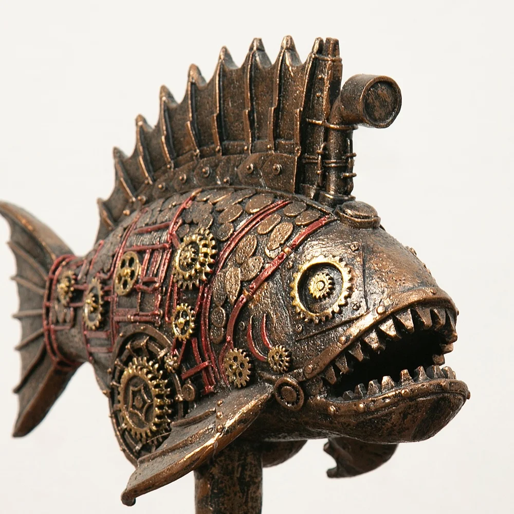Steampunk Submarine Fish Lamp Piranha Figurine Fish Sculpture Melanocetus Vintage Statue Gift Idea