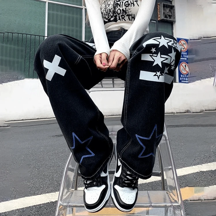 Custom Logo Print High Waist Jeans Vintage Streetwear Hip Hop Black Baggy Jeans Women Fashion Straight Wide Leg Jeans