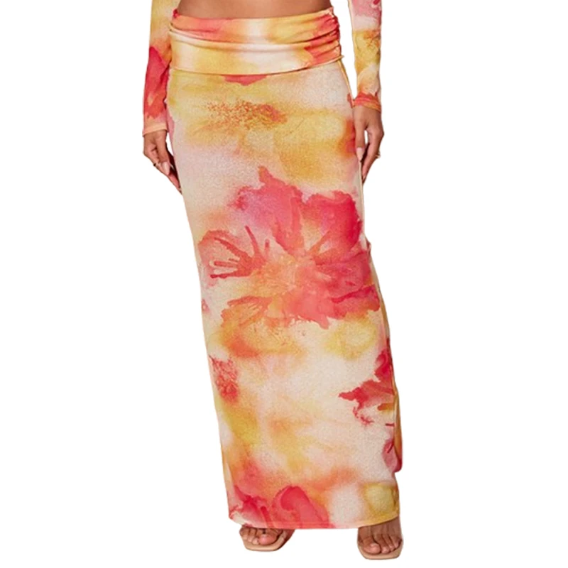 Summer Women Long Maxi Skirt Pink Floral Printed Sheer Burnout Mesh Fold Over Hem Low Rise Maxi Skirt