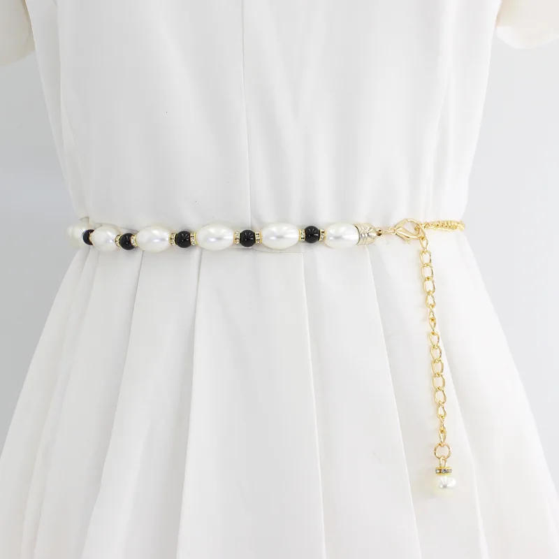 QY Personalized Rhinestone inlaid pearl waist chain simple dress decoration waist belt (1600540492482)