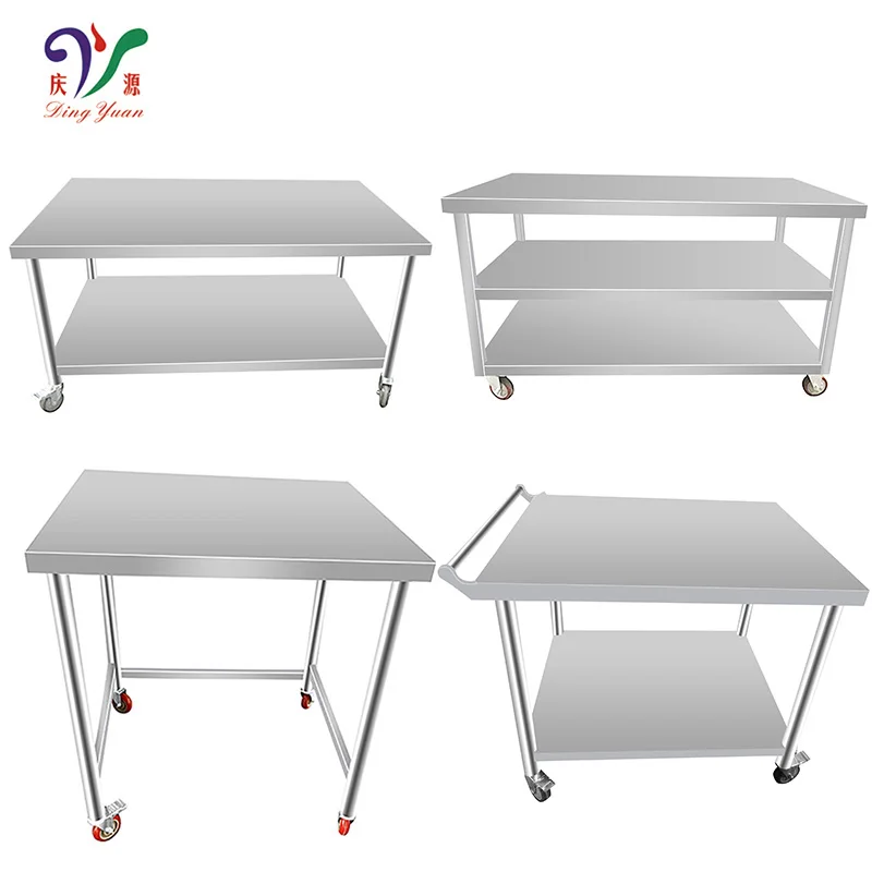 foshan suppliers round tube adjustable commercial workbench stainless steel 2 layers kitchen working table with wheels