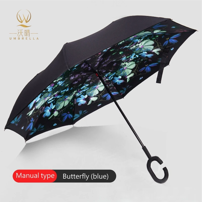 Custom Double Layer C Shape Handle inverted Reverse Umbrella automatic open straight umbrellas