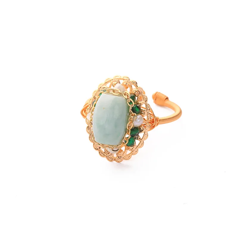 gold color plated fashion jewelry Gemstone Brass Finger Ring with Jade & Freshwater Pearl for woman Inner diameter 17mm 1691992