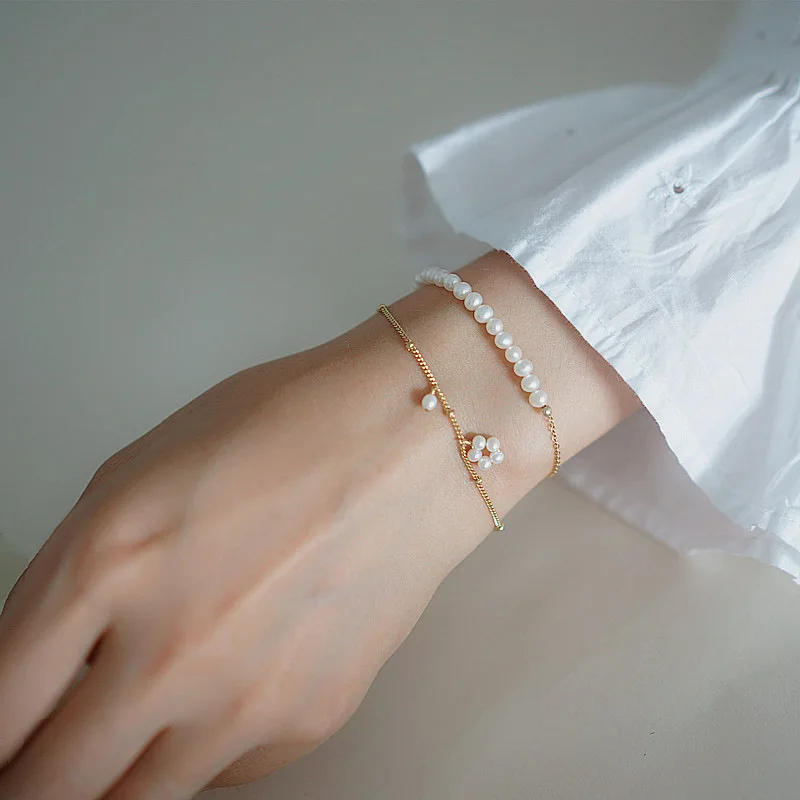 Elegant 925 sterling silver freshwater pearl flower pendant beaded chain bracelet