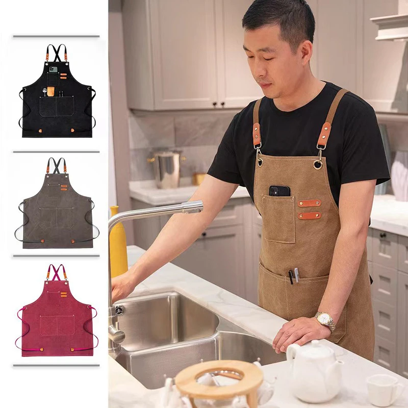 Custom Logo Waterproof Oil-proof 100% Cotton Canvas Cooking Kitchen Aprons Tool Work Florist Garden Stylish Apron For Men