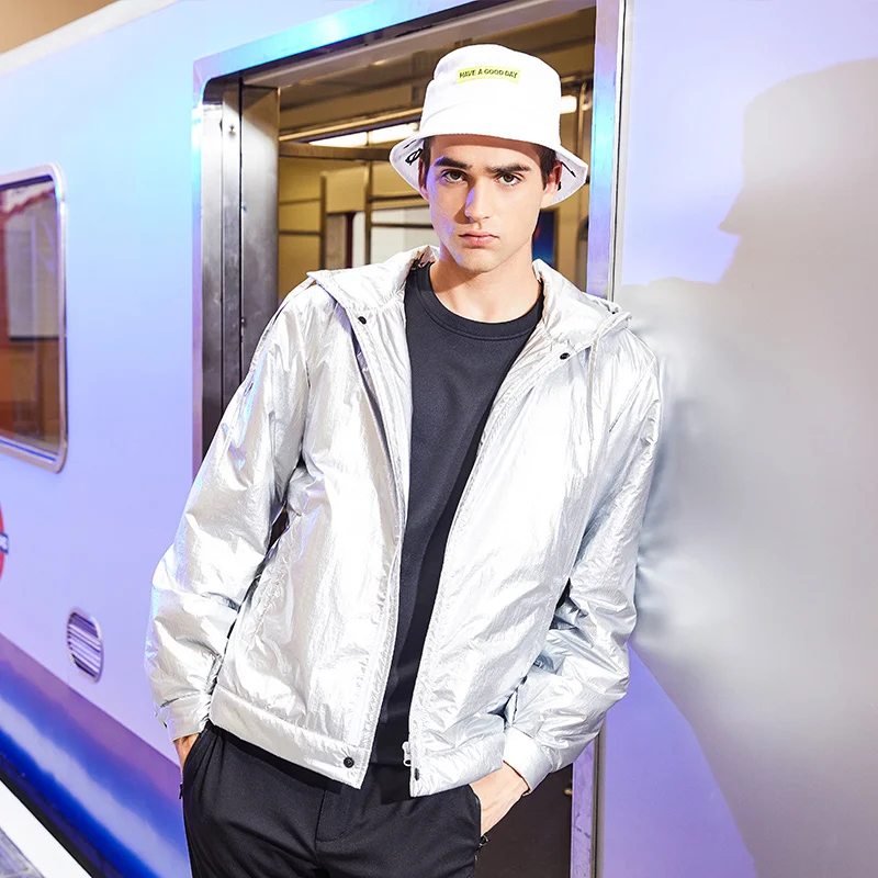 
2021 New arrival Spring Autumn Hooded shiny gray jacket for men 