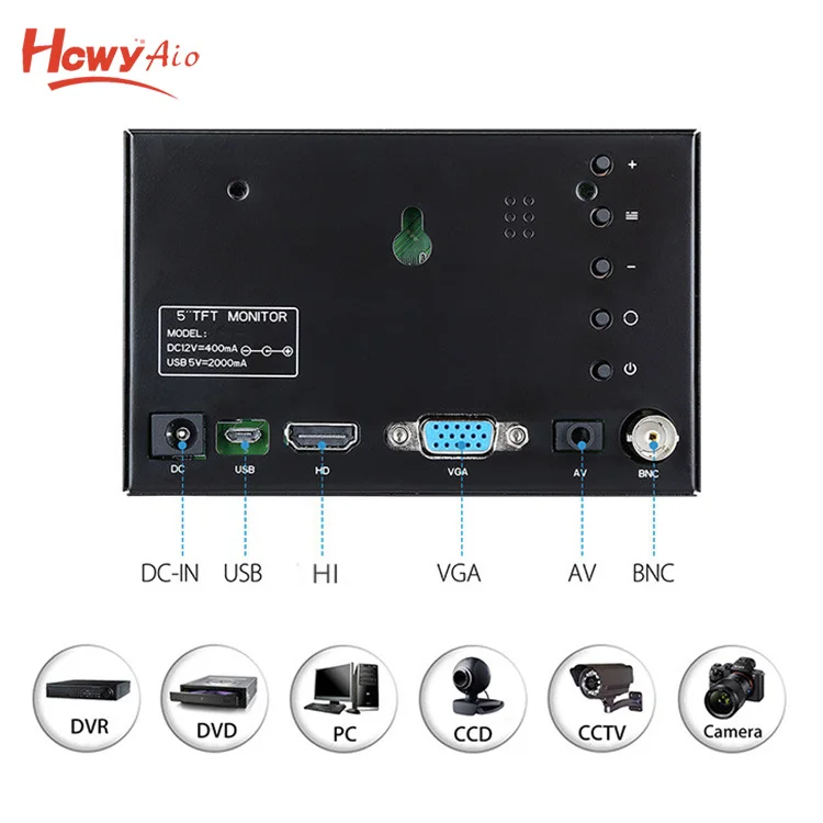  Металлический корпус 5 дюймов TFT ЖК-монитор VGA AV вход CCTV