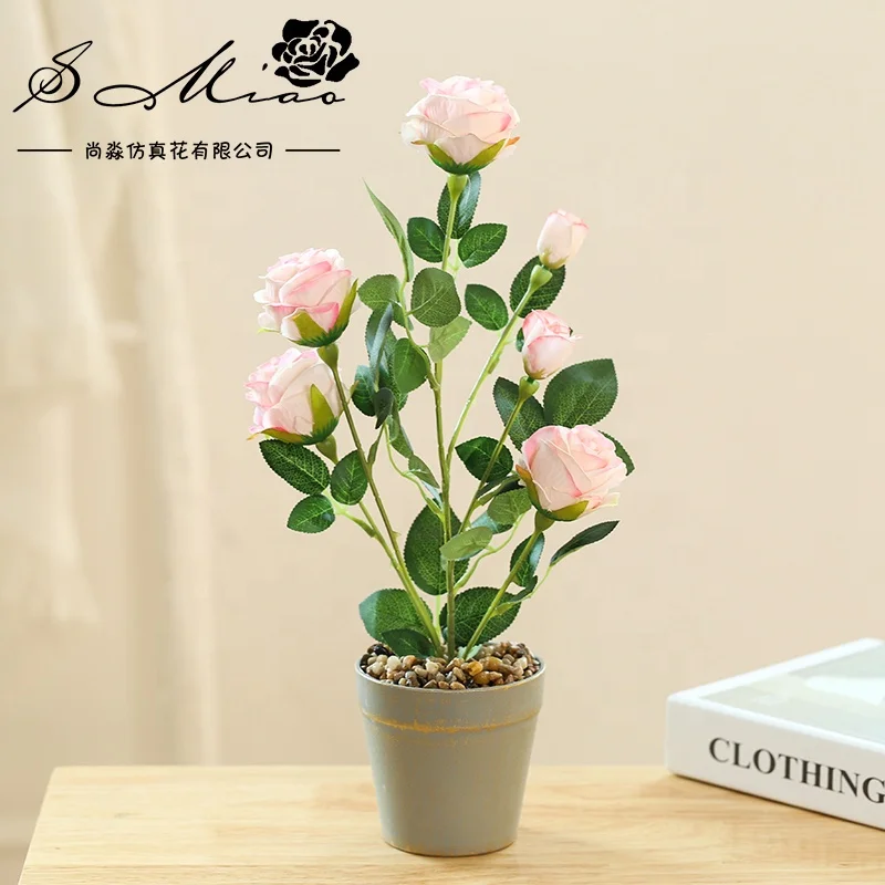 High quality artificial rose tree and gray plastic pot bonsai home decor