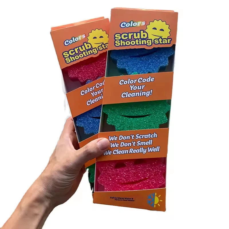 Factory Color Box Scrub Smiley Face Sponge For Kitchen Washing Custom 3 pcs Pack Scratch-Free Deep Cleaning Temperature Control