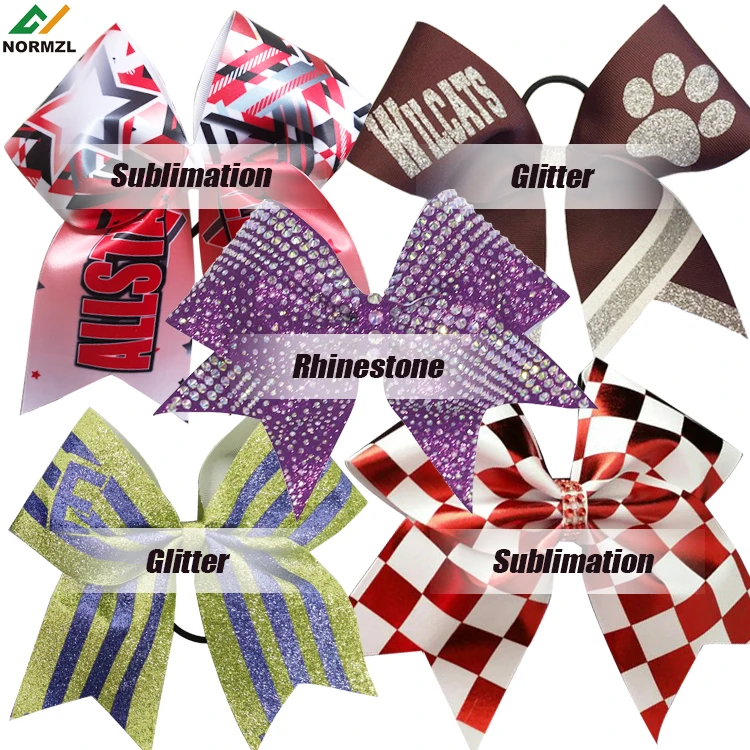 Normzl custom high quality sublimated print cheerleading hair bows OEM design rhinestone glitter cheer bows