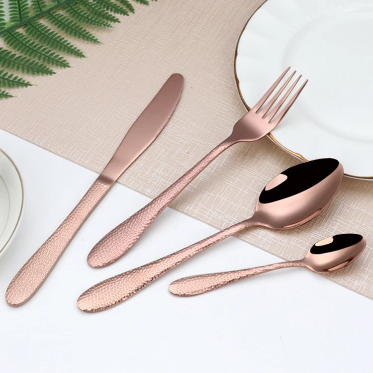 
304 Stainless Steel Hammered Copper Metal Tableware Cutlery Set With Snack-skin for Wedding Banquet and Home 