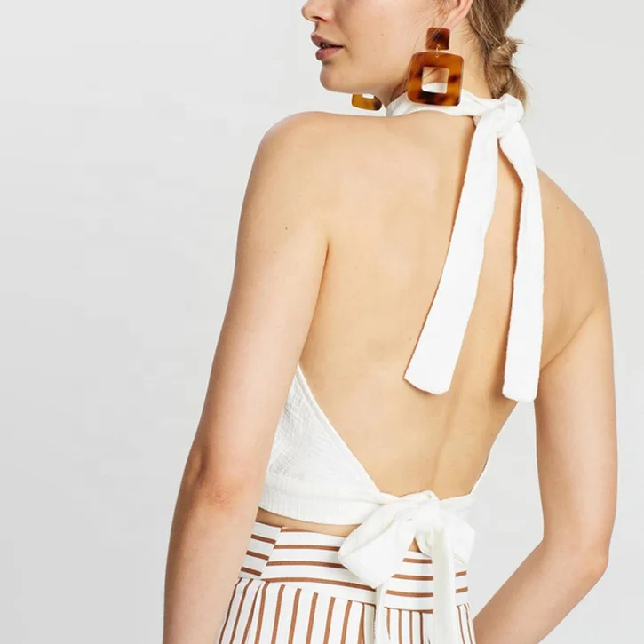 
OEM pure cotton sexy blouse sleeveless and backless halter neck top 