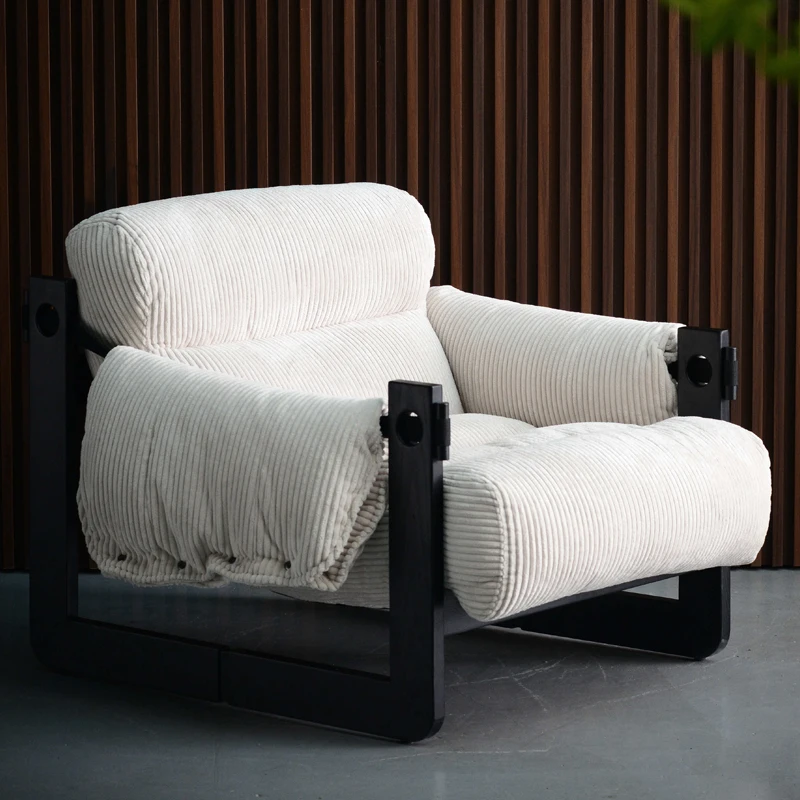 Solid Wood French Vintage Single Sofa Chair White Wax corduroy Black Genuine Leather Casual Living Room Bedroom Lazy style