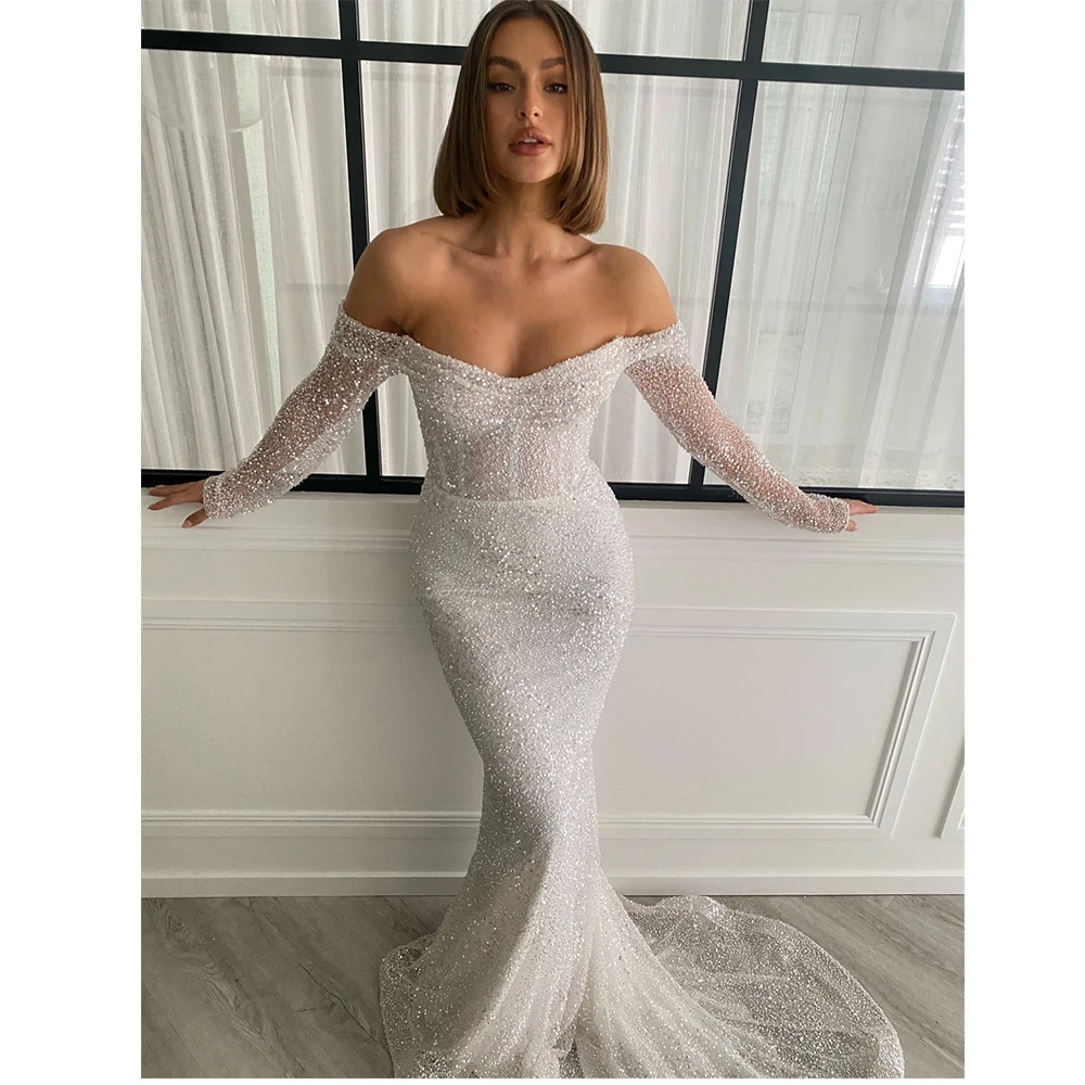 OFF shoulder Luxury heavy beaded lace mermaid wedding dress with detachable tulle train