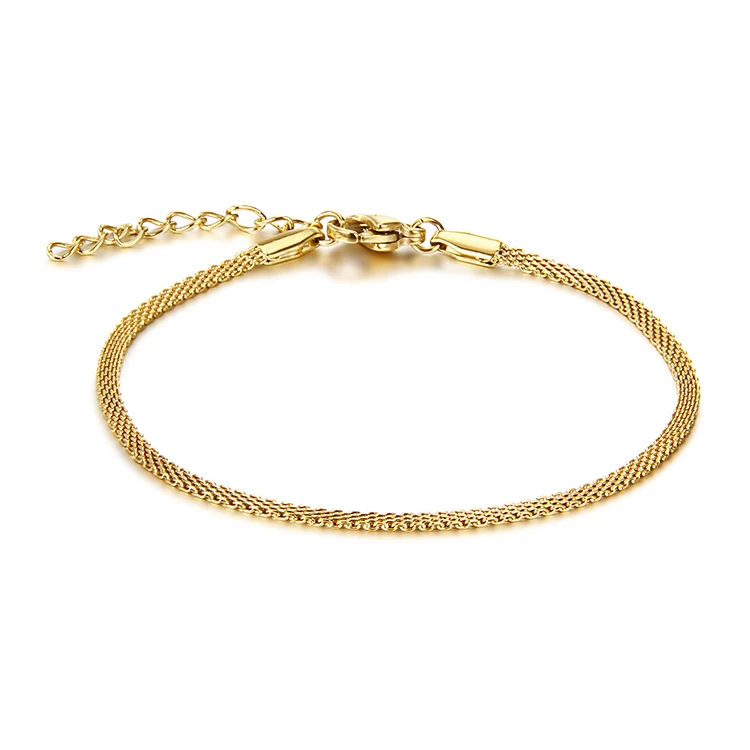 Luxury Women Stainless Steel 18k Gold Plated Flat Snake Chain Link Bracelet Wire Mesh Chain Bracelet Bangle