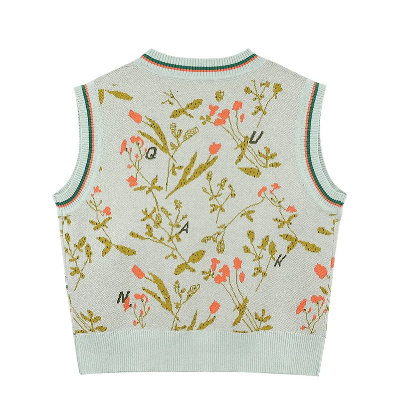 Factory wholesale vintage knitted vest irregular v-neck jacquard contrast color slim mandarin collar jilet top for women