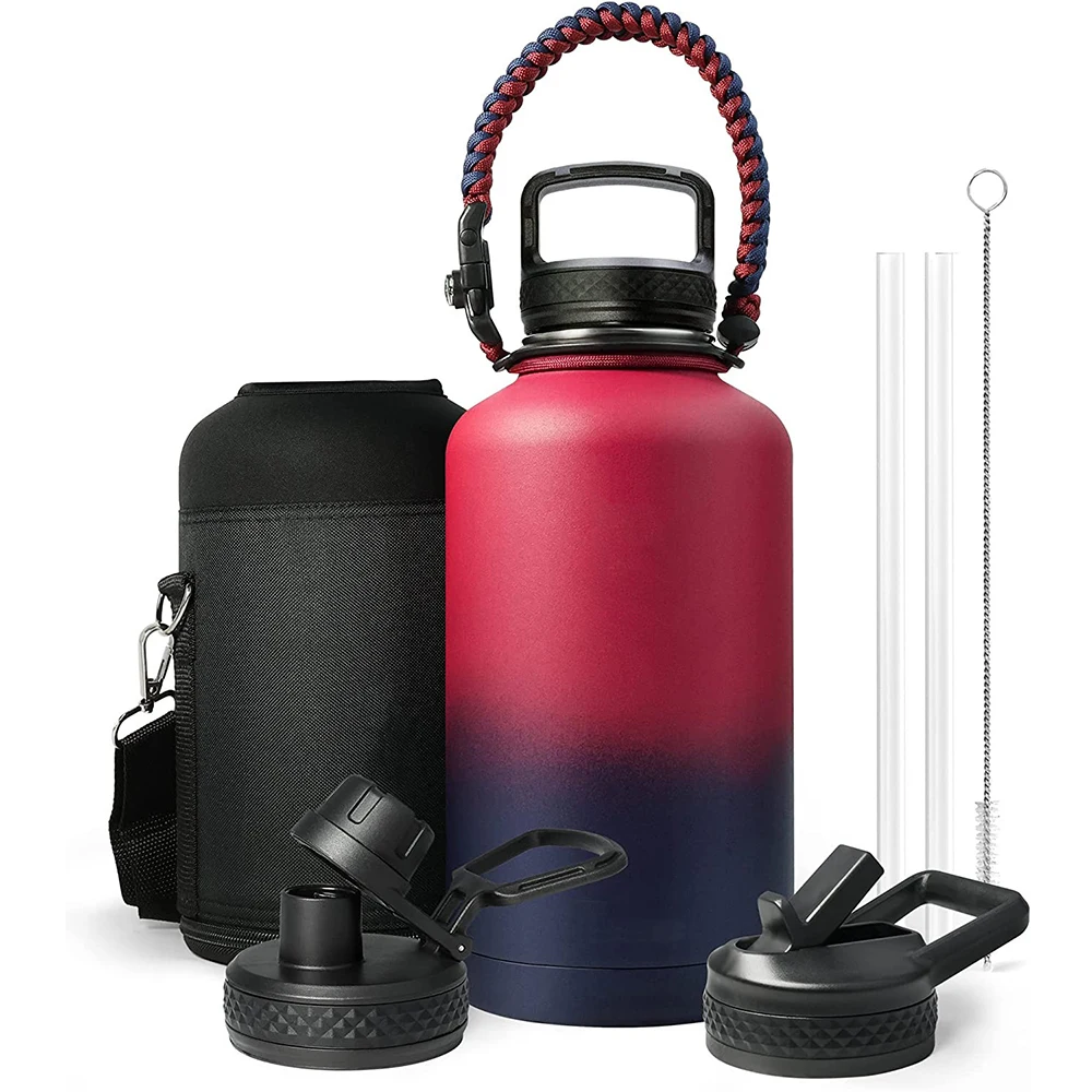 64oz Thermos Wattle Bottle Half Gallon Food-grade Double Wall Vacuum Stainless Steel Insulated Jug With Straw Spout Handle Lids