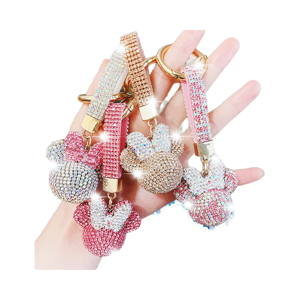 KC424 Ladies Metal Keychain Diamond-Encrusted Rabbit Bear Bling Pendant Rhinestone Crysta Small Gift Car Keyring Bag Accesory