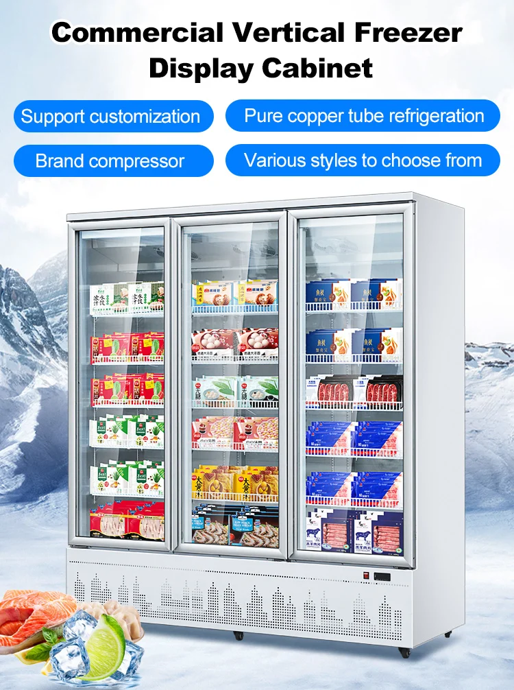 Commercial supermarket  big freezer 3 glass door display seafood frozen freezer with air fan