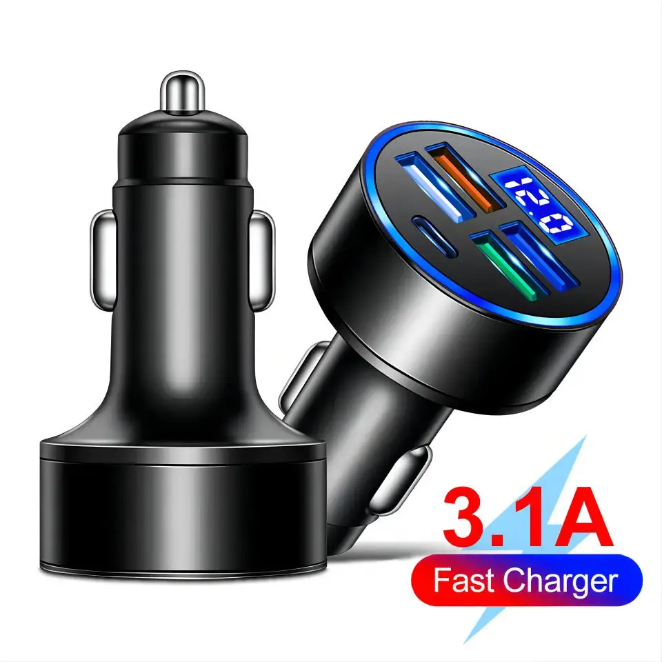 4 USB Port and 1 USB C Fast Car Phone Chargers With LED Voltage Display 5 Ports Mobile Phones Car Charger