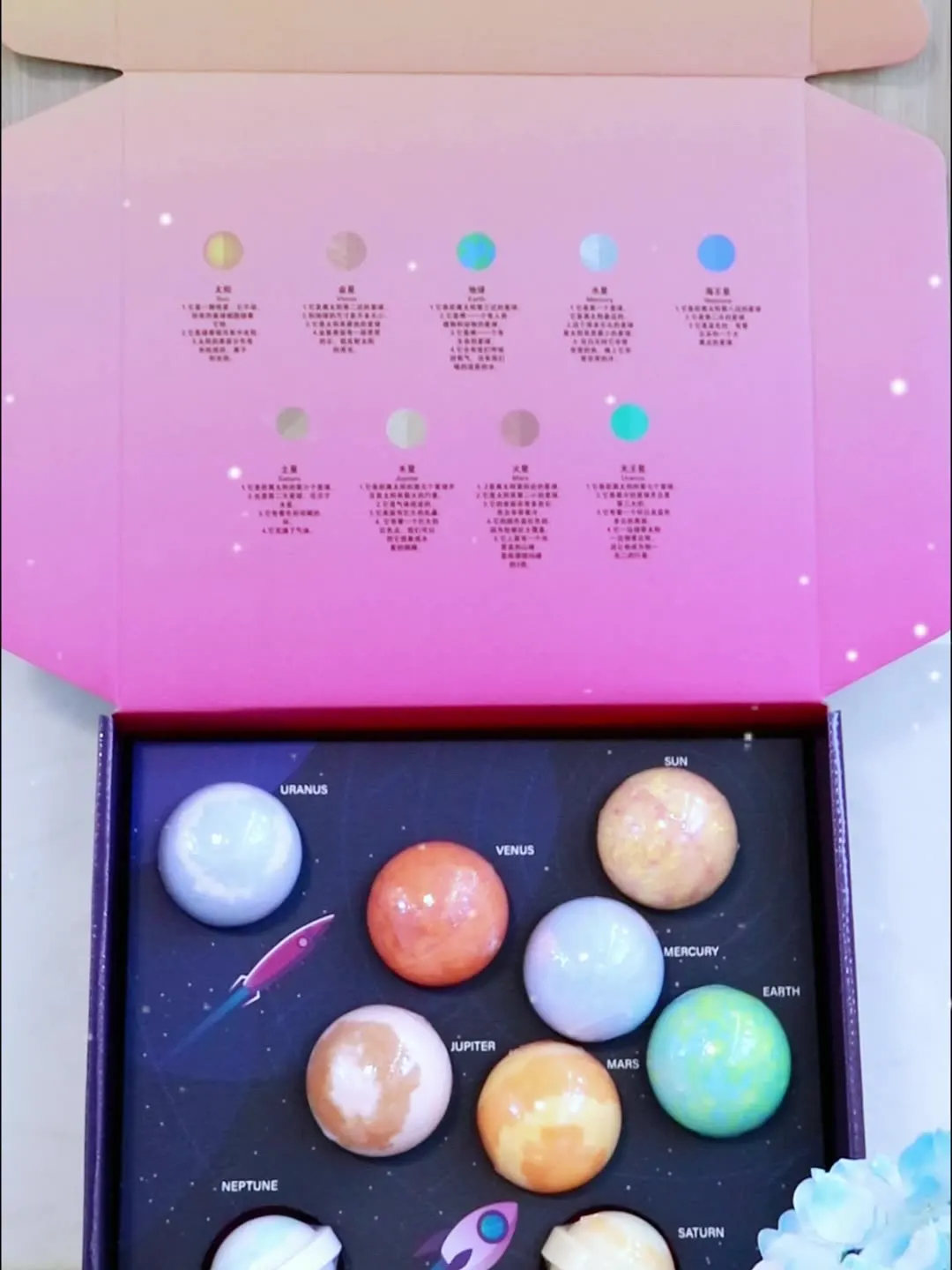 Custom 9 pcs Gift Package Portable Sea Salt Bath Uranus Venus Mercury Bomb Shape Body Spa Gift Set with Bubble Bath Salt