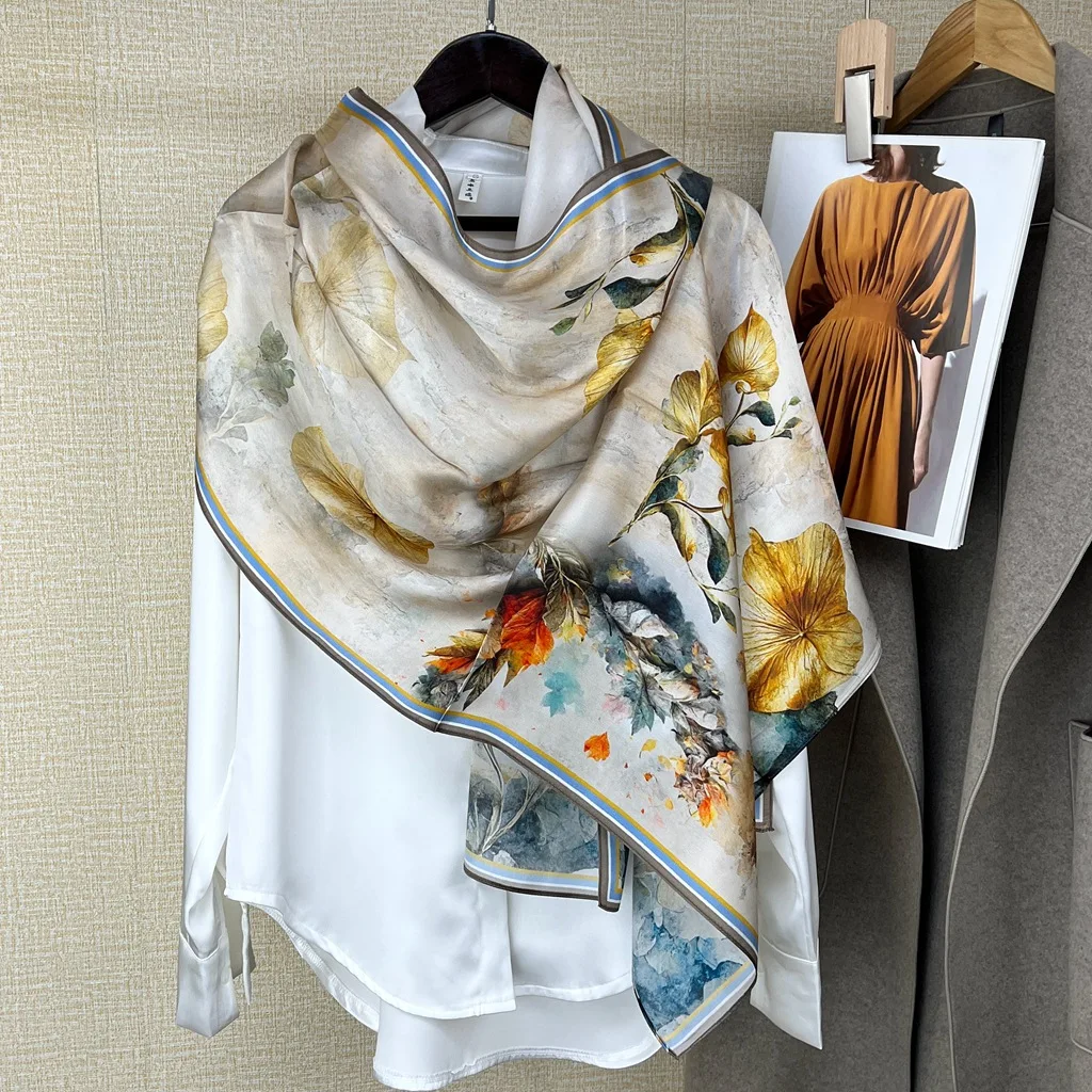 Silk Satin Face Long Shawl Dress Square Summer Plain Silk Scarf with Flower Print for Cheongsam